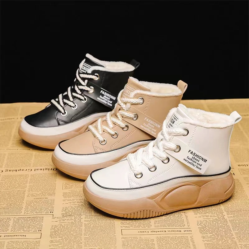 2022 New Winter Women Ankle Boots Warm Plush Woman Vulcanized Shoes PU Walking Sneakers Casual Flats Lace Up Ladies Snow Shoes