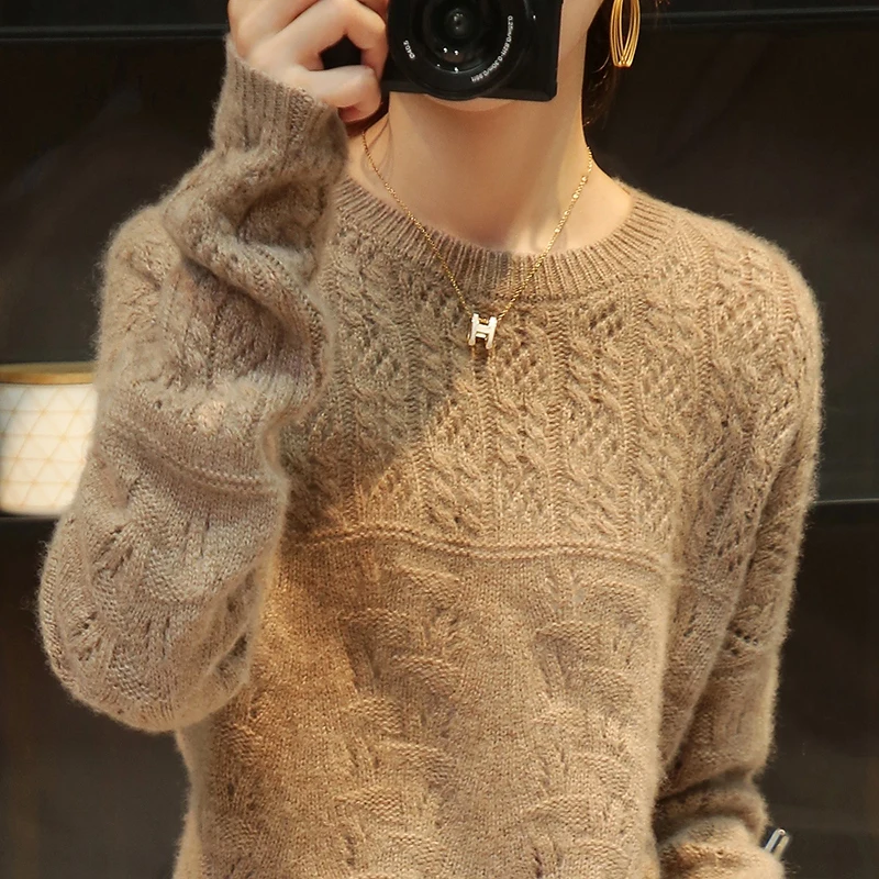 

100% Pure Wool Autumn And Winter New Knitwear Women's Round Neck Pullover Hollow Thick Sweater Loose And Lazy Bottoming Sweater