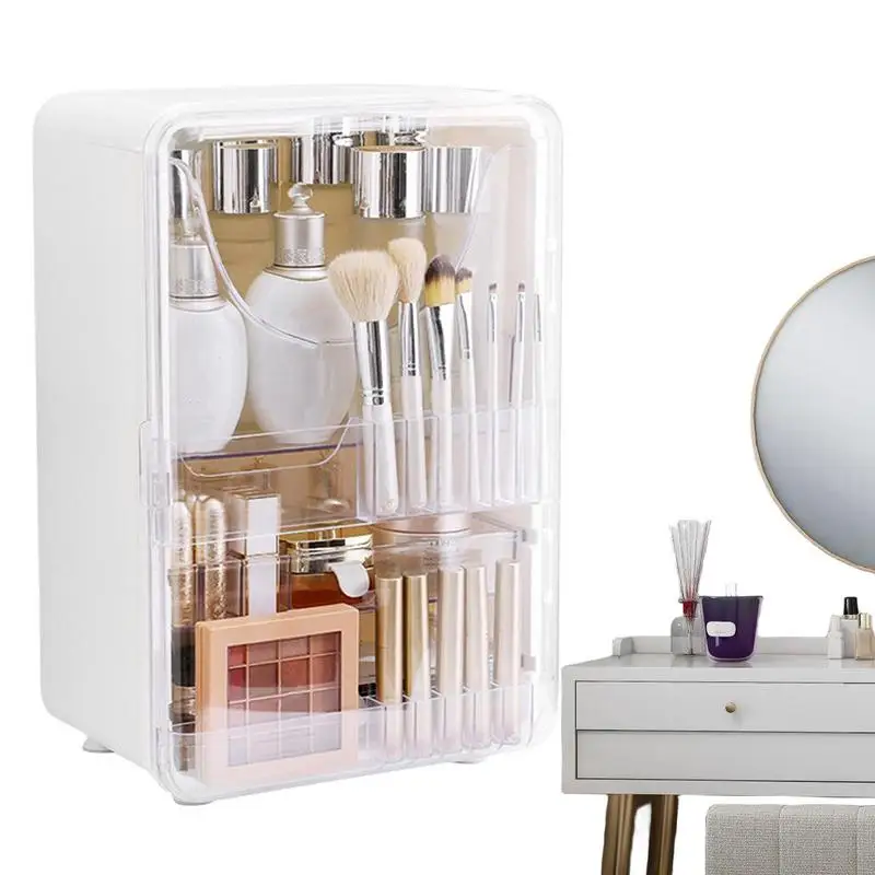 

Countertop Skincare Organizer Double-Door Skincare Container With Visible Door Makeup Essentials For Lipstick Highlighter