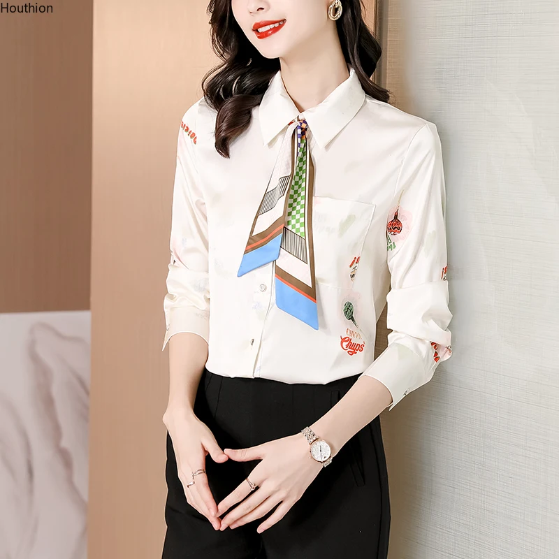 

Silk Women's Blouse Print Loose Polo Shirt Summer Fashion Casual Chiffon Long Sleeve Top