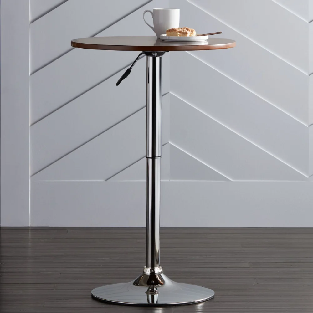 

Modern Polished Chrome Round Pub Table 23 1/2" Brown Walnut Tabletop Adjustable for Living Room Kitchen Bedroom Bar Table