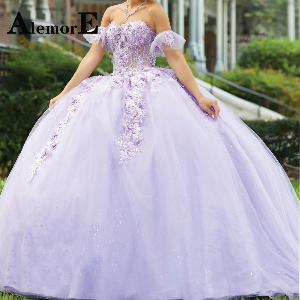 

Alemore Romantic Shiny Ball Gown Quinceanera Dresses Pleat 3D Flowers Sweetheart Lace Up Tulle Custom Made Robe de soirée