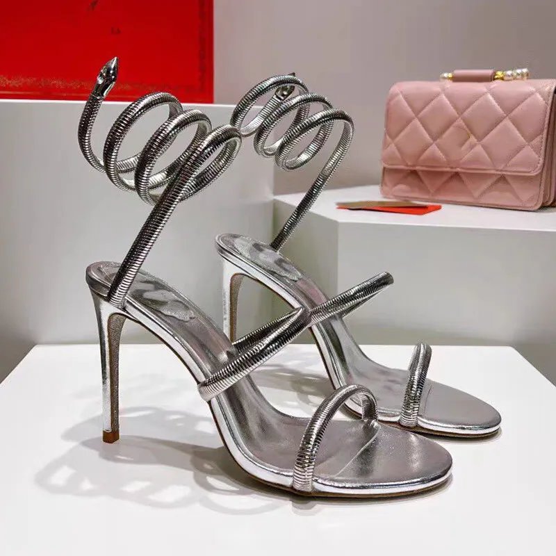 Сандалии женские на высоком каблуке пикантные босоножки со змеиным плетением