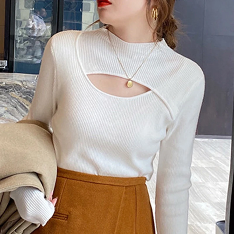 

Женский трикотажный свитер с вырезами, черная Облегающая водолазка в Корейском стиле с длинным рукавом, одежда для осени и зимы