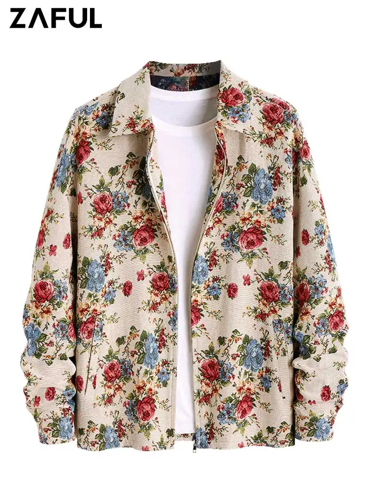 

ZAFUL Jacket for Men Floral Jacquard Zip Up Long Sleeve Jacket Regular Fit Streetwear Turn Down Collar Outerwear Tops Z5102381