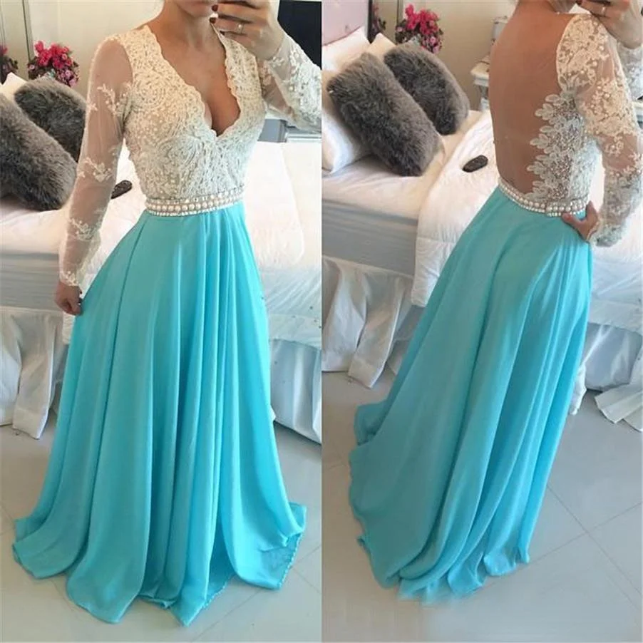 

Elegant V Neck Sheer Back Lace Prom Gowns A Line With Long Sleeves Blue and White See-through Evening Dresses Formal Dress