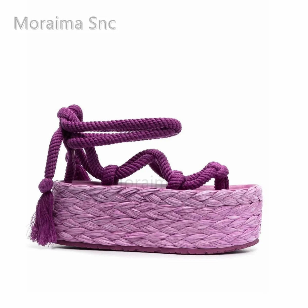 Espadrilles Platform Hemp Rope Sandals for Women with Heels Summer Tassel Solid Color Lace Up Ladies Shoes Ankle Cross Straps