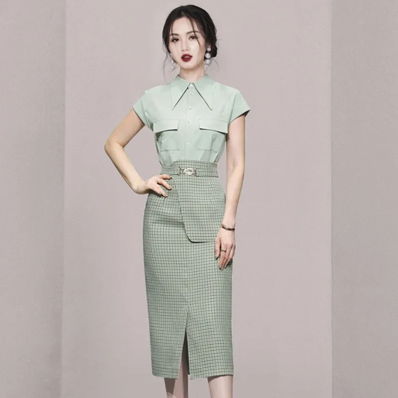 

Summer Elegant Office Two Piece Set Women Single-Breasted Lapel Raglan Sleeve Shirt+High waist Bodycon Split Midi Skirt OL Suit