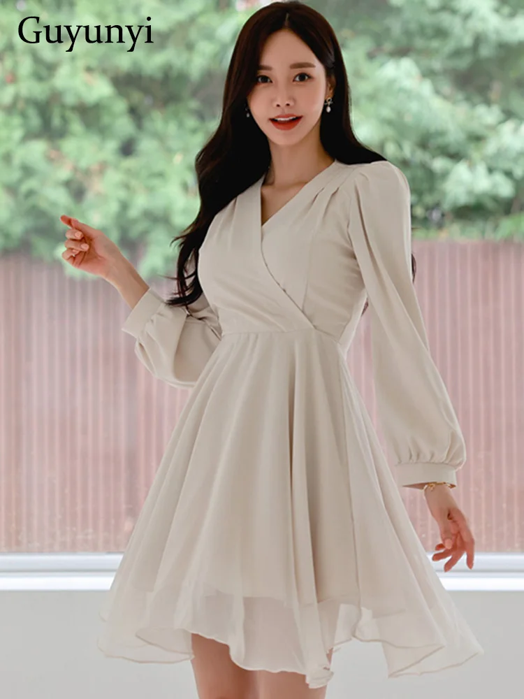 

Elegant Preppy Style Mini Dress Spring Apricot Color Simplicity V-Neck Puff Full Sleeve High Waist Line A-Line Party Dress Women