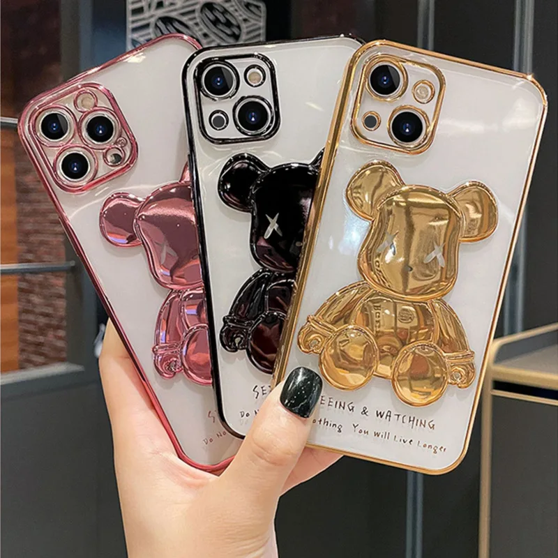 

Cute Bear Metal Plating Phone Case for IPhone 11 12 13 Pro Max X Xr Xs Max 7 8 Plus SE2 Transparent Dustproof Waterproof Cover