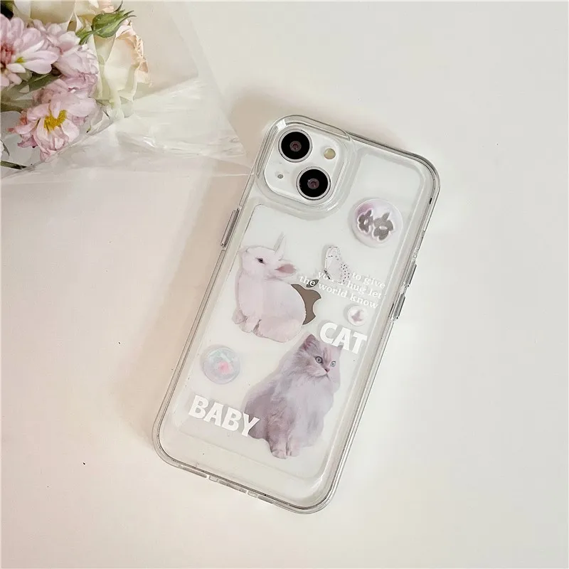 

Cute Painted Animal Clear Cat Rabbit Girl Soft Case For Iphone 11 12 13 Pro Max Xr X Xs 7 8 Plus Leather Anti-drop Cover Fundas