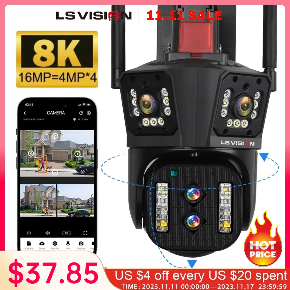 

LS VISION 8K 16MP WiFi IP Camera Outdoor Four Lens PTZ Camera Auto Tracking 10X Zoom Security Protection Surveillance Camera 360