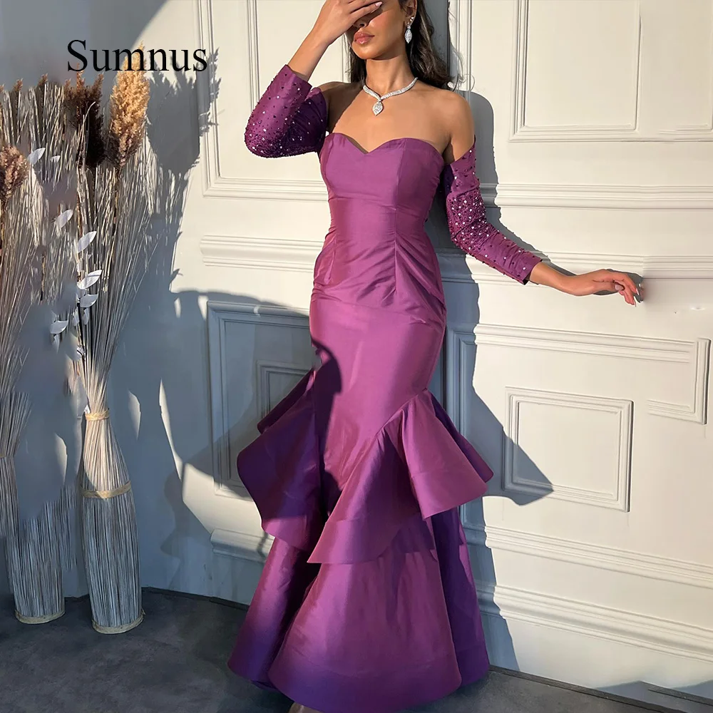 

Sumnus Purple Sweetheart Mermaid Evening Dresses Beads Three Quarter Ruffles Satin Saudi Arabia Formal Evening Gown Floor Length