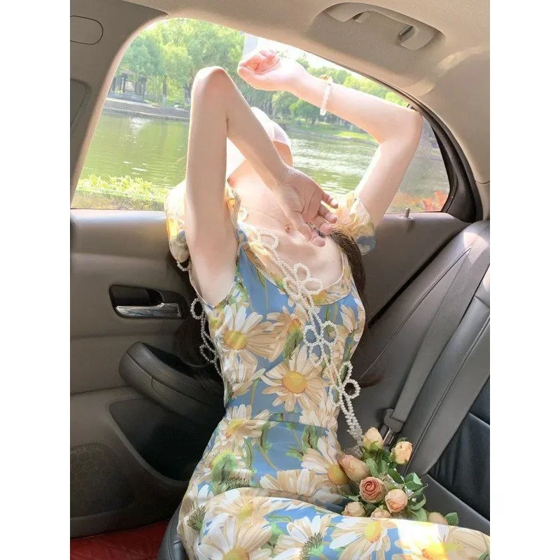 Французское романтическое летнее новое винтажное платье для отдыха в море