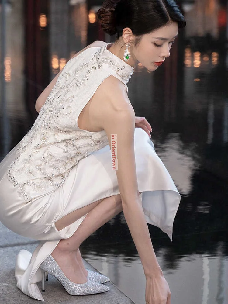 Фото Белое свадебное платье для банкета Cheongsam, азиатское платье для тостов невесты, элитное летнее утягивающее платье в стиле ретро для большого моря, китайское TP089 №4