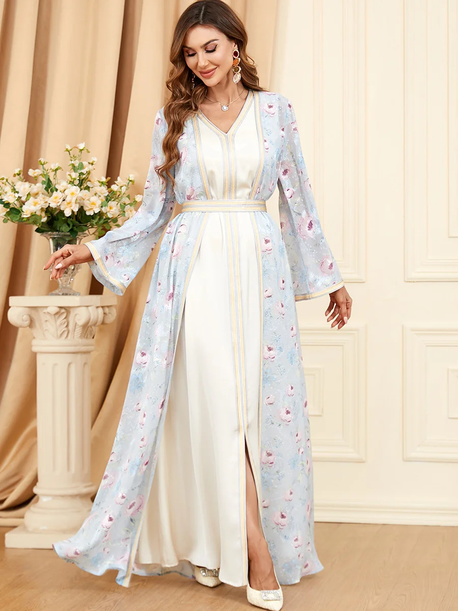 

Кафтан для свадьбы, элегантный комплект из 2 предметов, абайя, исламский Рамадан, муслиновый Женский костюм с длинным рукавом, лоскутное платье, женское платье с поясом