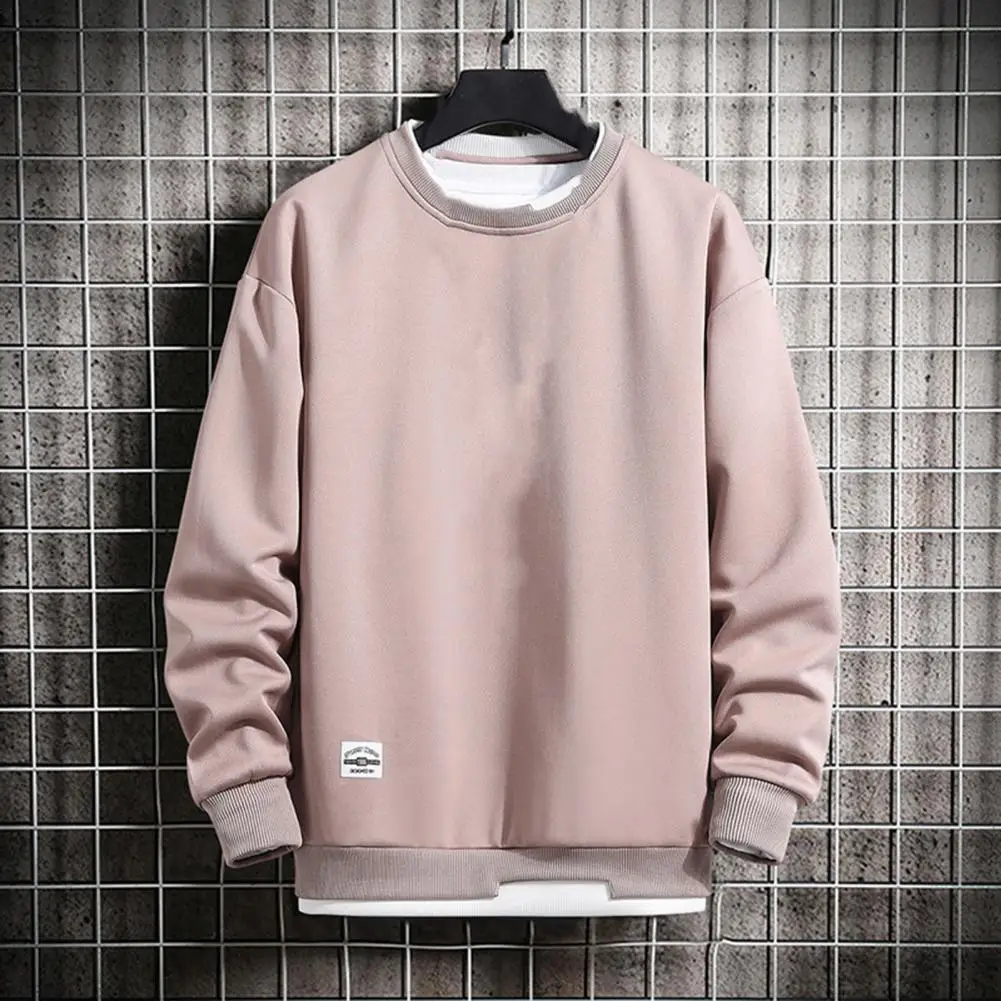 

Men Sweatshirt Solid Color Long Sleeve Autumn Sweatshirt Double-layered Pullover O Neck Sweatshirt Men's Clothing For Daily Wear