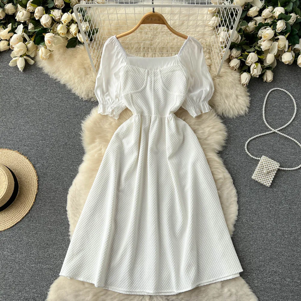 

French Style Vintage Women Dresses New Square Collar Puff Sleeve Solid A-Line Dress Fashion Patchwork Summer Beach Dress