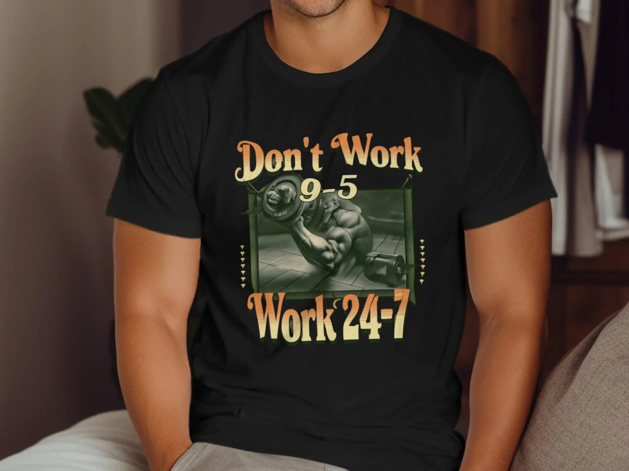 Фото Мотивационная футболка для фитнеса и тренажерного зала: Don't Work 9 5 24 7 – Одежда для спортсменов, экипировка для тренировок, мотивация №1