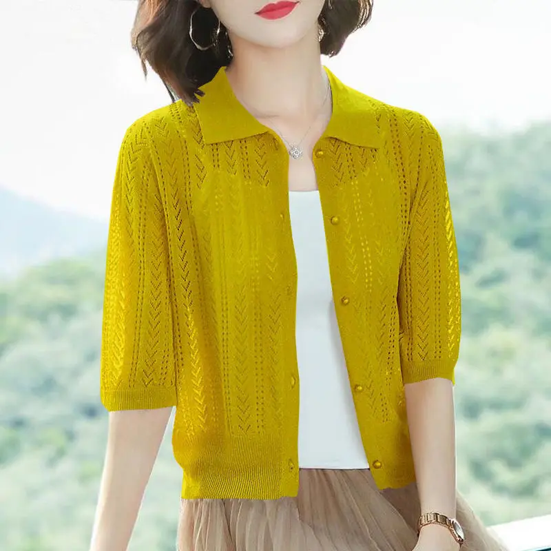 Fashion Lapel Knitted Button All-match Hollow Out Shirt Women's Clothing 2023 Summer New Casual Tops Half Sleeve Korean Blouse