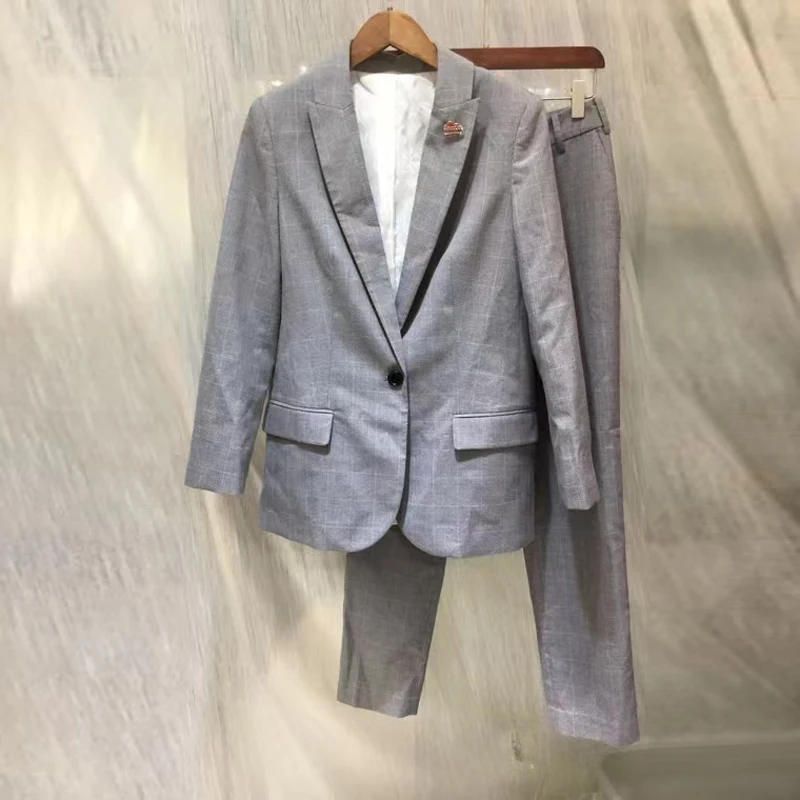 

Women Plaid suit set Single button fashion casual blazer coat + trousers
