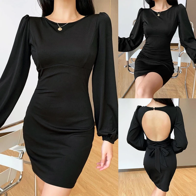 

Autumn Sexy Back Hollow Lace Dress Short Mini Dress Fashion Long Sleeve Dress