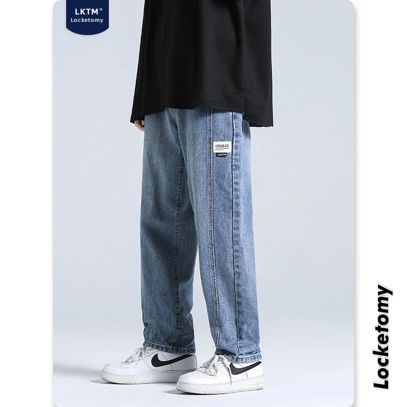 Men's New Loose Black/blue Straight Pants Solid Color Casual Pants Baggy Homme Cargo Pocket Jeans Biker Denim Trousers