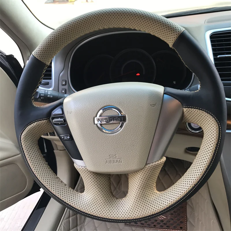 

100% подходит для Nissan Teana 2008-2012 Murano 2009-2014, прошитый вручную черный, бежевый, из натуральной кожи, нескользящий чехол на руль автомобиля