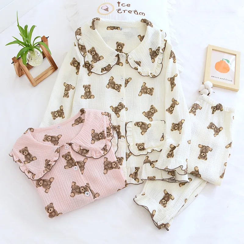 

Women Cotton Gauze Pajamas Long Sleeve Thin Home Service Suit Cartoon Printing Two Piece Set Spring Pijamas Loose Loungewear