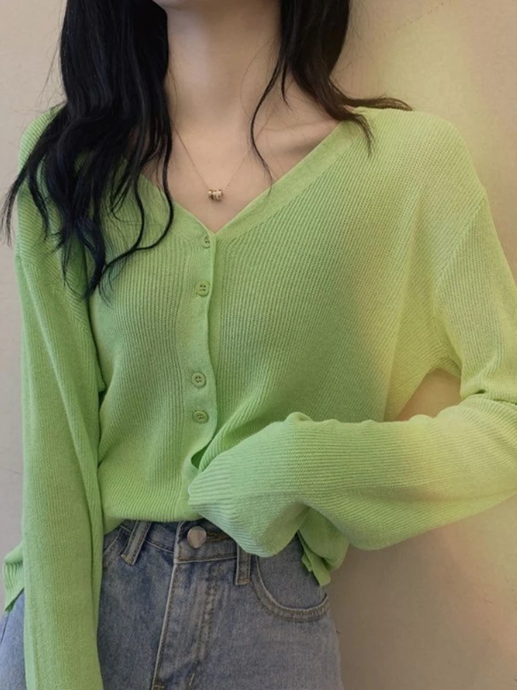 Hikigawa Chic Модные женские зеленые вязаные рубашки Cargidan Летние однотонные тонкие