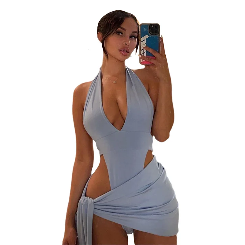 

Solid Deep V-Neck Two Piece Set Sexy Beach Vacation Wear Basic Halter Tops+Asymmetry Skirts Hollow Out Ruched Women Set