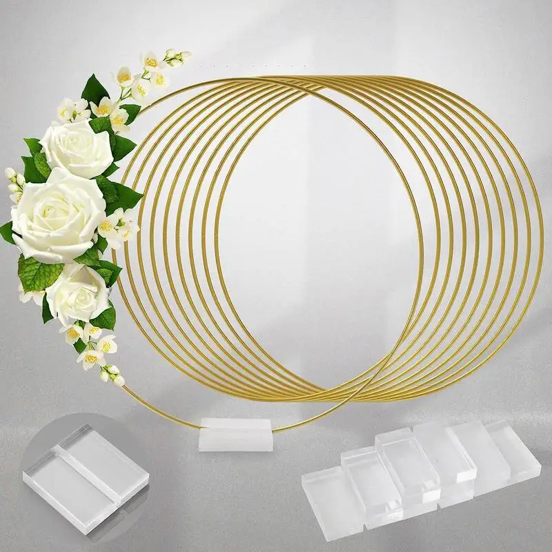 

Large Metal Floral Hoop Gold Metal Floral Ring Hoop with wooden base for Wedding Party Table Centerpiece Decoration Artificial