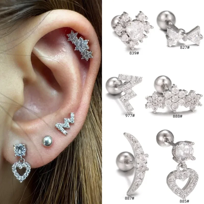 

1Piece Stud Earring for Women Grils Jewelry, Cubic Zirconia Heart Bowknot Moon Shaped Stainless Steel Earrings, 8mm Bar EGD0839