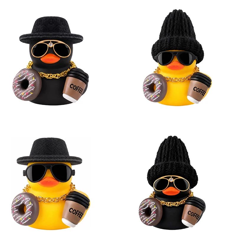 Фото Резиновые уточки для декора приборной панели автомобиля, милые украшения для авто в виде уточек с кофе, пончиками, золотой цепочкой и солнцезащитными очками №1