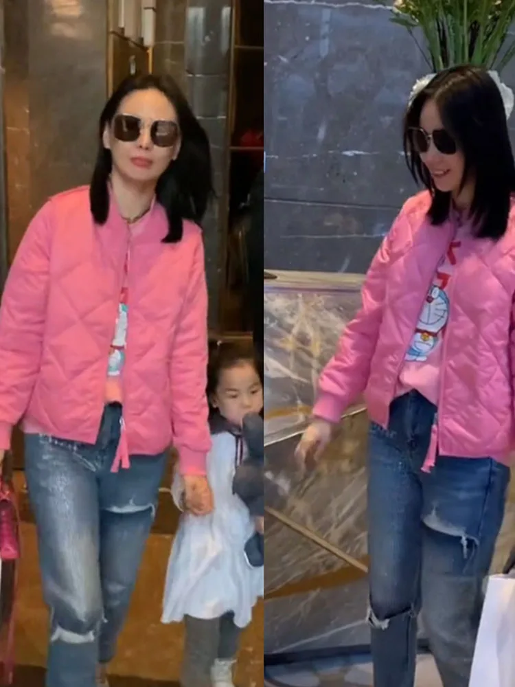 Хлопковая стеганая куртка с розовым ромбом женская осенне-зимняя в Шэньчжэне