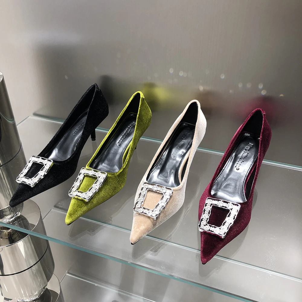 

Sexy Women Pumps Office Shoes Pointed Toe Square Rhinestone Crystal Buckle Shallow Slip On Thin High Heels Dress Shoes Woman