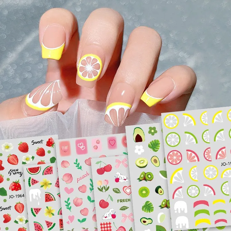 

New 2023 Summer Lemon Nail Stickers 3D Adhesive Sliders Fruits Strawberry Peach Nail Art Decals Designs Decoartions Manicures