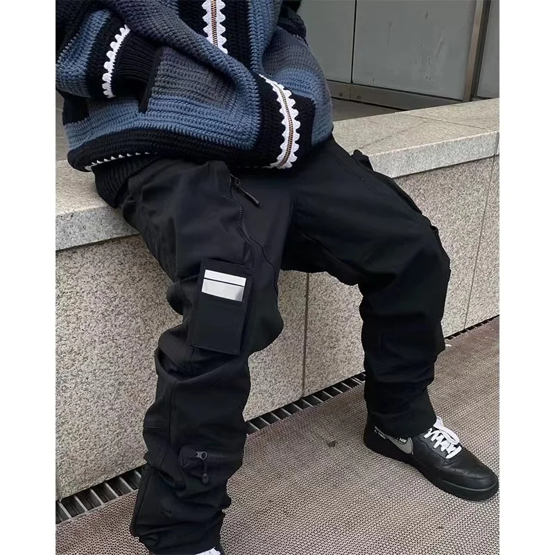 

Front Stereoscopic Pocket Straight Loose Mens Casual Cargo Trousers Vibe Style Elastic Waist Black Oversized Couple Track Pants