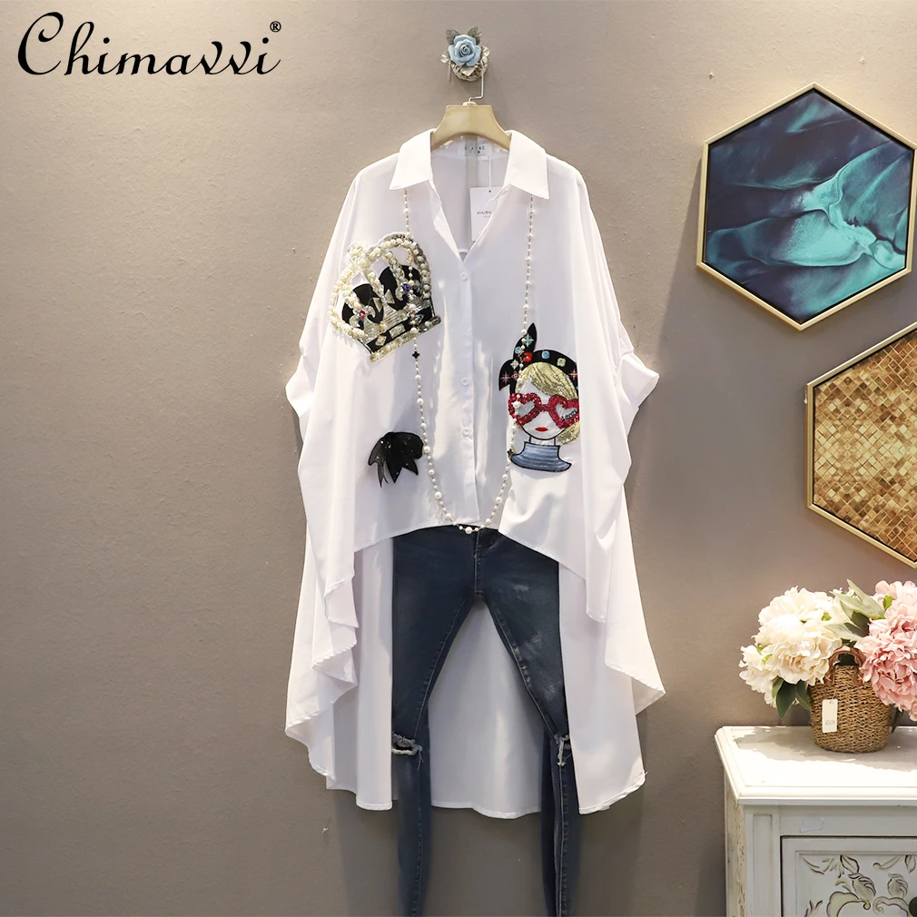 

Korean Fashion Casual Trend Lapel Shirt for Women Bright Sequined Patch Front Short Back Long Short Sleeve Tops Oversize Blouse