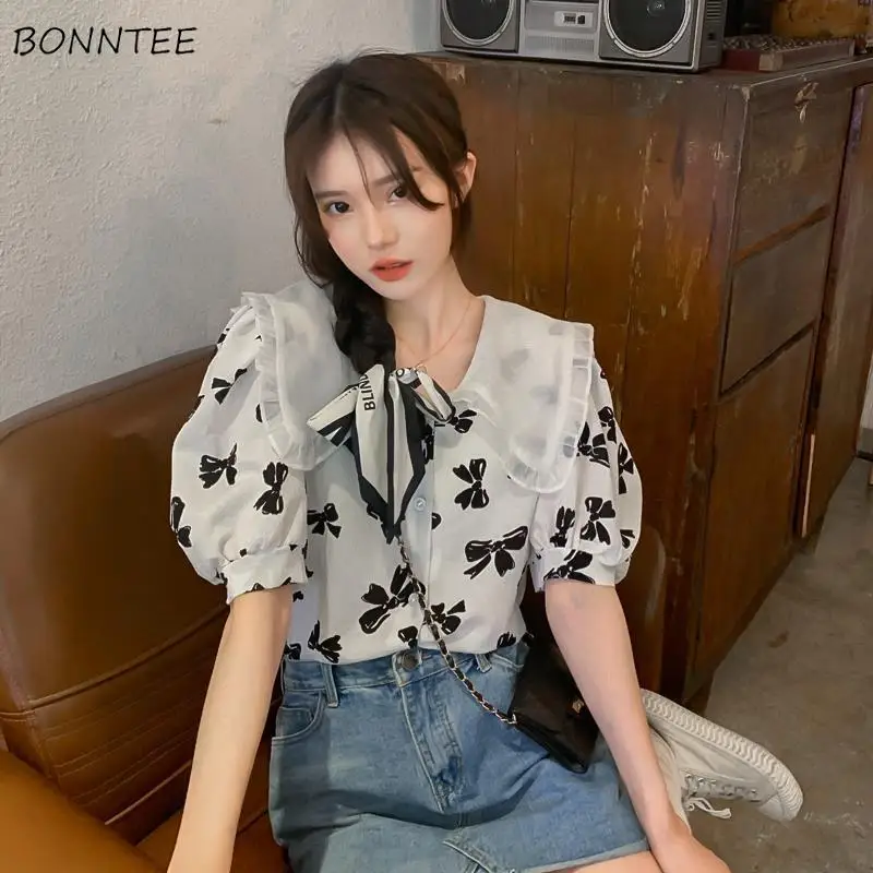 

Bows Shirts Women Aesthetic Tender Peter Pan Collar Sweet Lovely Korean Style Tops Summer Mujer Ropa All-match Vintage College