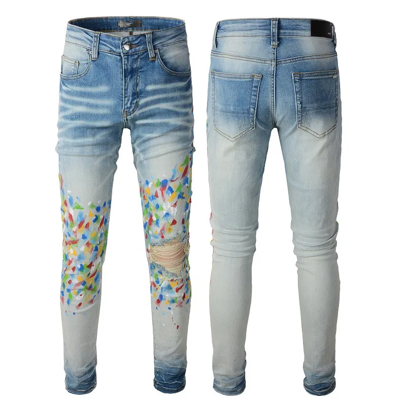 

Trend New Washed Patchwork Slim Jeans Hip Hop Jeans Men Los Hombres Jeans European Style Streetwear Motorcycle Jeans Pants