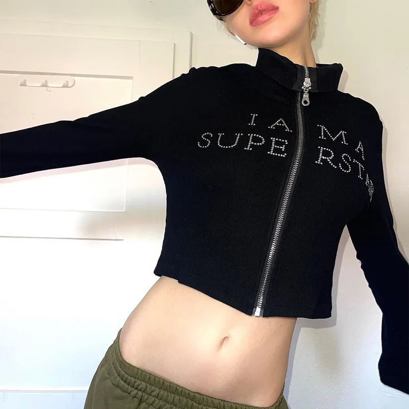 

Women Coats Cardigan Tops New Long-sleeved Hot-drilling High-neck All-match Top Zipper Cropped Navel Short T-shirt Streetwear