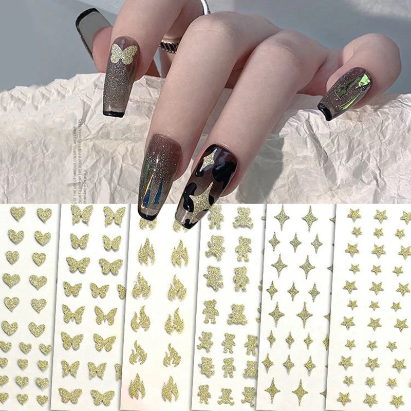 

1PC Reflective Glitter 3D Nail Stickers Silver Powder Butterfly Star Design Laser Love Heart Foils Sparkly Decoration Manicures