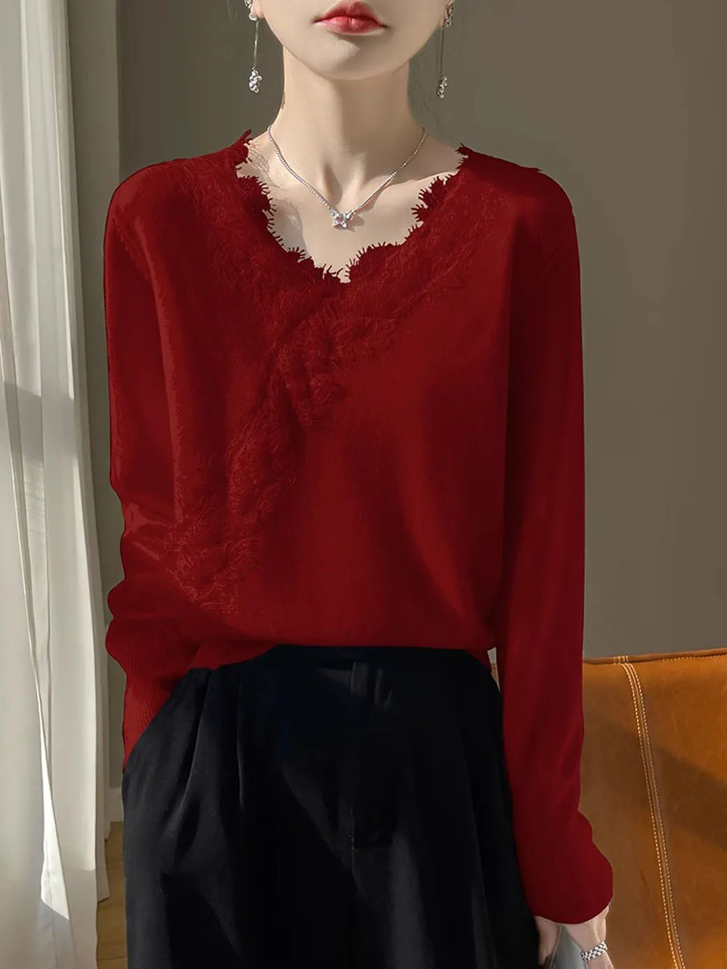 Angora Top Women 00 Pure Cashmere Autumn and Winter V-neck Knitted Bottoming Shirt This Year's Popular Temperament Design Se...