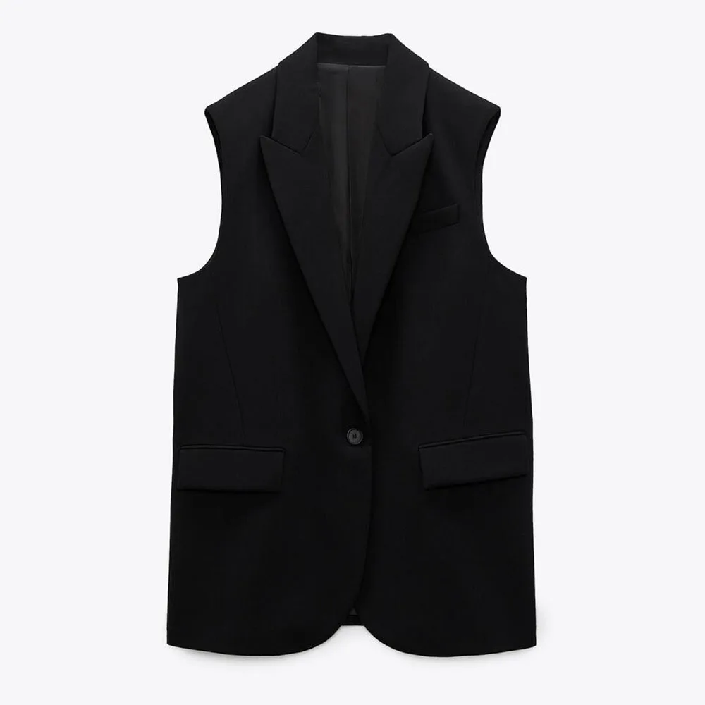 

DiYiG WOMAN2022 spring new women's wear black all-match elegant commuting Flip pocket one button classic vest coat