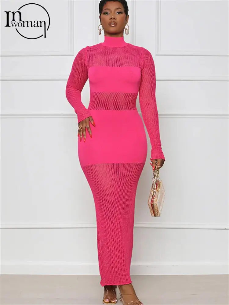 

Женское Сетчатое облегающее платье макси Inwoman, Клубное однотонное платье с длинным рукавом и круглым вырезом для вечерние, осень 2022
