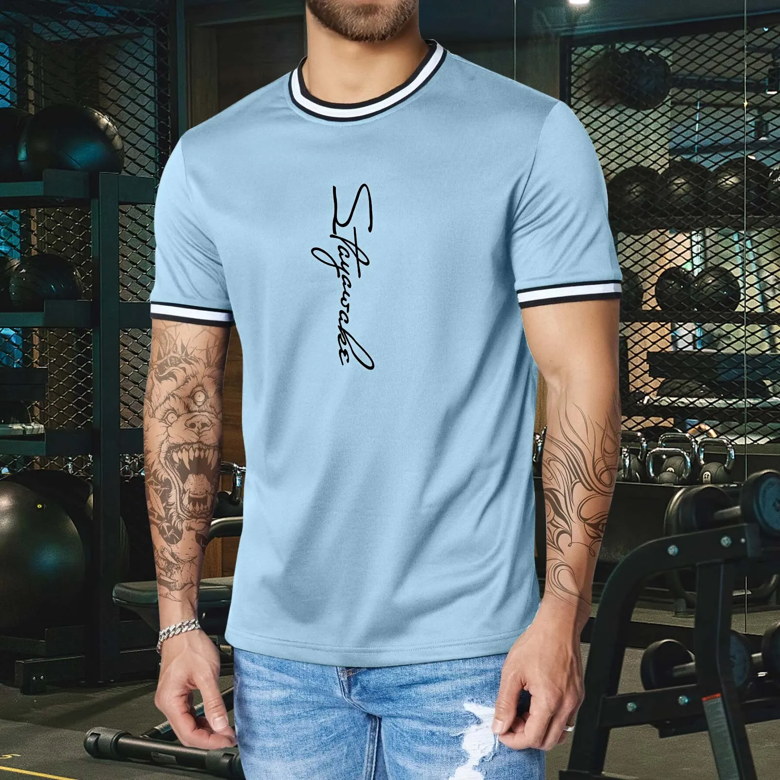 

Mens Summer Muscle Fitness Personality Threaded Cotton Letters Round Neck Short Sleeve T Shirt Short Sleeve Casual Shirt