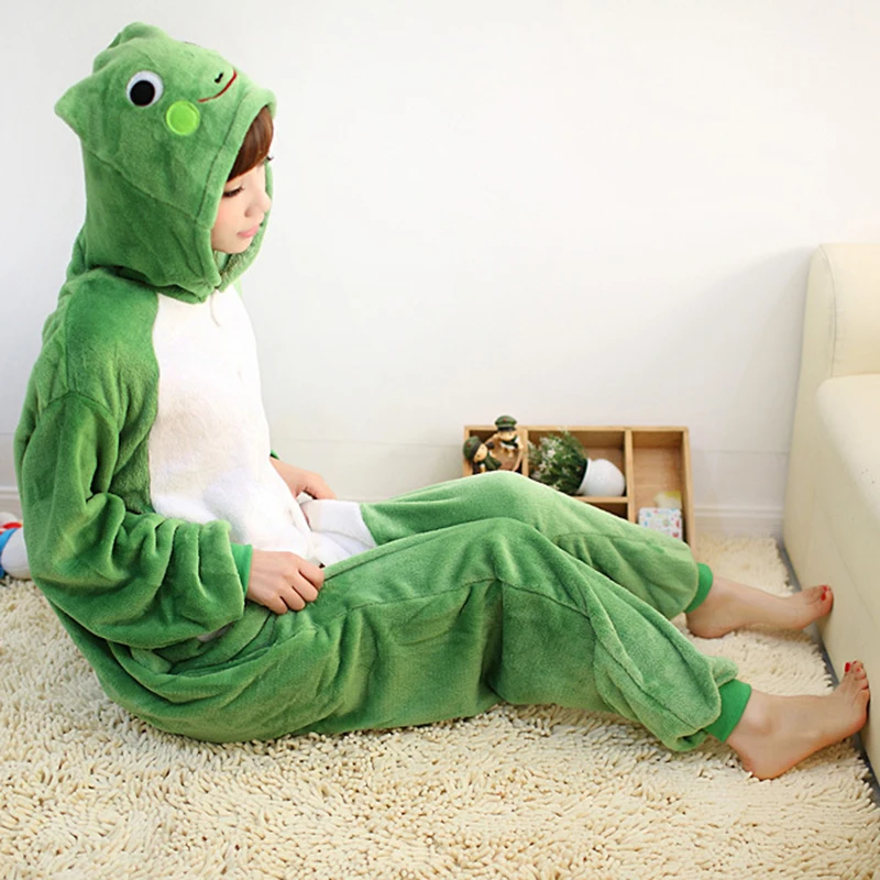 Plush Animal Onesie Green Frog Cosplay Costume Unisex Adult One-piece Pajamas Flannel Homewear Sleepwear Jumpsuit for Women Men