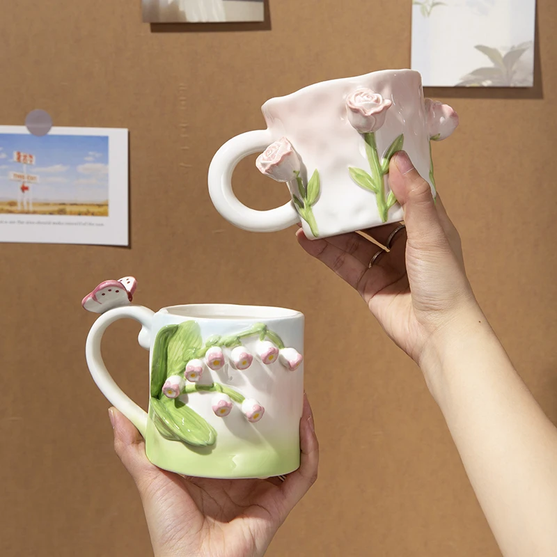 

2022 New Unique Design Hand Painted 3D Rose Calla Lily Bluebell Tulip Porcelain Coffee Mugs Handcrafted Art Cups Birthday Gifts
