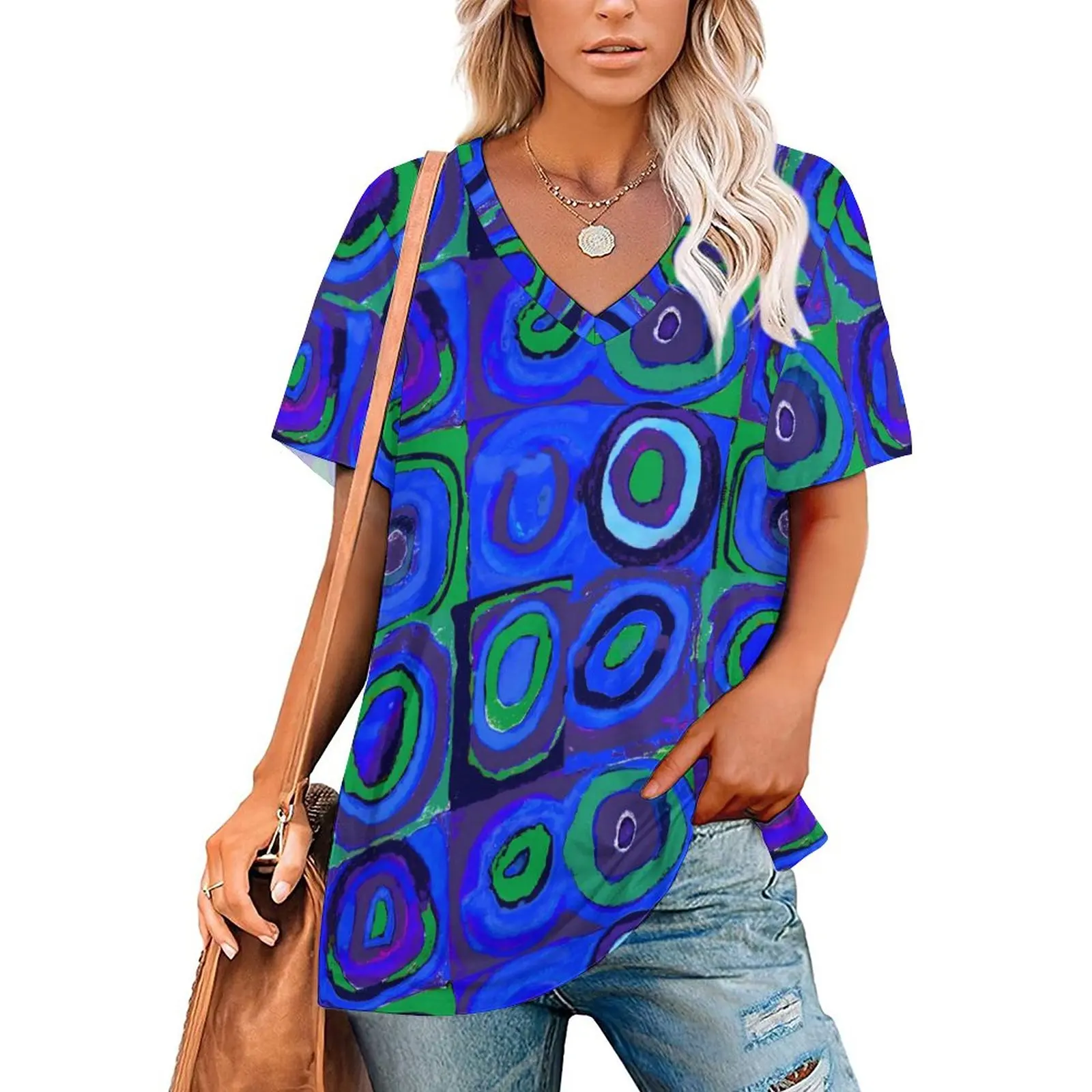 

Retro Square Print T-Shirts Blue Circles V Neck Casual Oversized T Shirt Short Sleeve Woman Aesthetic Tshirt Beach Custom Tops